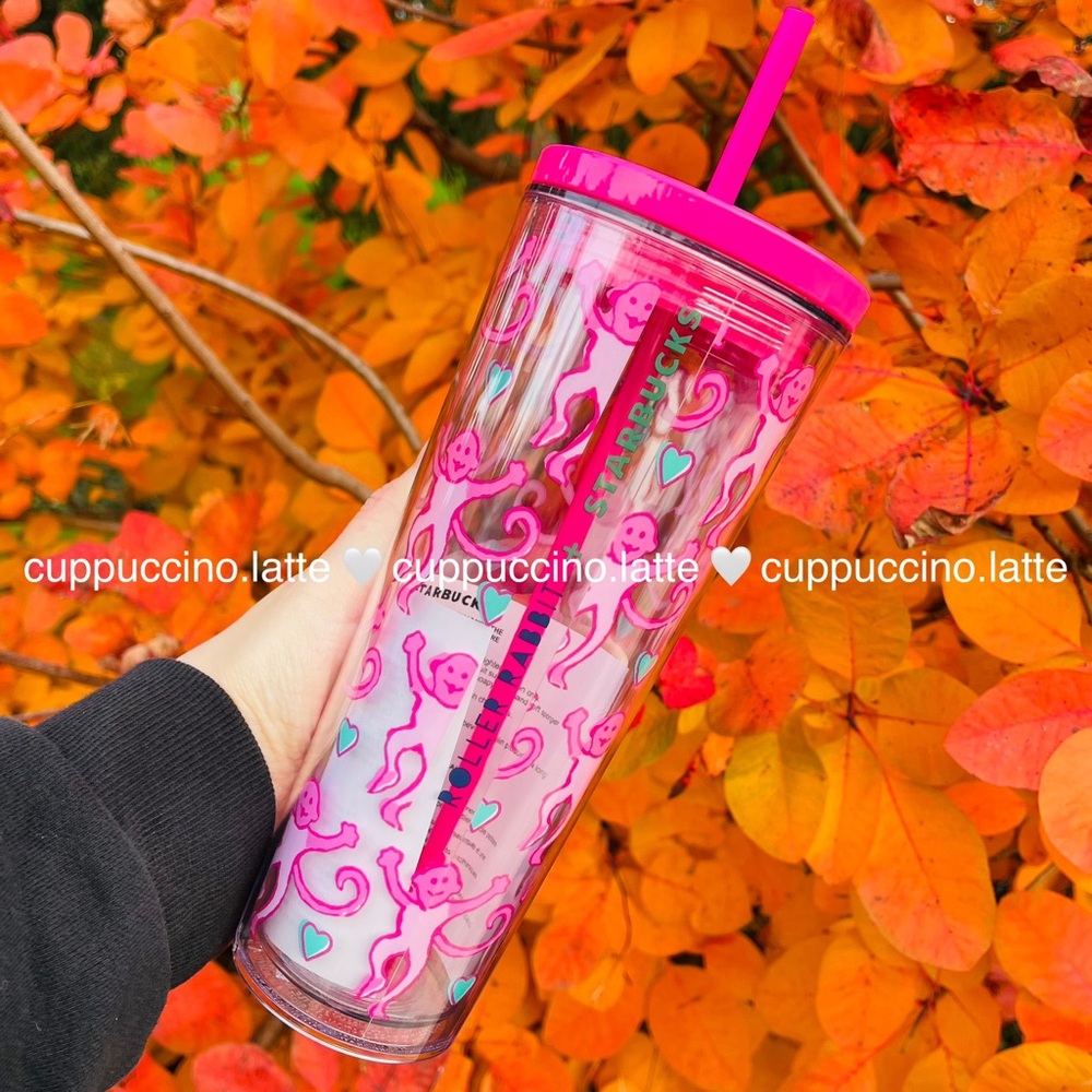🩷LAST🐒2025 Starbucks x Roller Rabbit Pink Monkey Heart Cold Cup Venti Tumbler